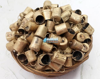 120 Vintage Recycled Rustic Mug Bells, Gold Tin Cow Bells, Indian Metal Craft - 1.5 inch