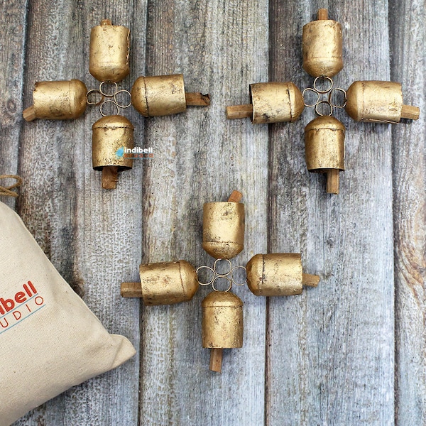 Golden RUSTIC FARMHOUSE COW bells -12 Rough Hewn Gold Bells Wooden Clappers in 2 inch Size -Shabby Chic Cow Bells, Xmas Tree, Wedding Bells