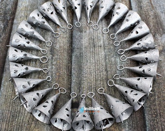 24 Silver Cone Triangular Tin Cow Bells, Recycled Iron Triangle Rustic Bells 2.5" Craft Supply Windchimes Bells