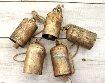 5 Large Rustic Hanging Cow Bells Decor, Rounded Top Antique Style Garden Decor Bells OD1