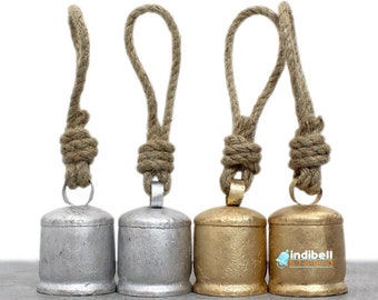 Set of 4 Vintage Cylindrical Tin Bells Recycled Iron Tin Cow Bells, 3" Inches, combination of Gold Silver Color Antique Look Rustic Theme