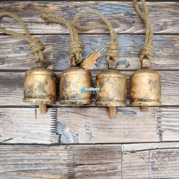 HIGHBIX 4cm Small Vintage Rustic Lucky Tin Metal Cow Bells Handmade  Christmas Décor Bells on Jute Rope (10, Cone-Cylinder)