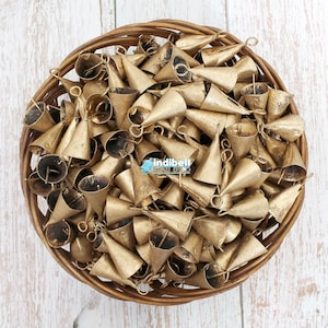 120 Gold Rustic Tin Cone Cow Bells Vintage Style, Bronze color rustic Iron bells for craft projects and wind chimes making 1.75 Inch