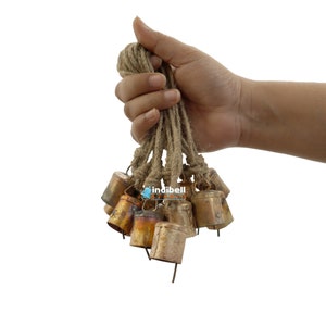 24 Rustic Cylindrical Cow Bells on Rope Hanging Recycled Iron Indian Bells, Christmas Holiday Farmhouse Decor Bells