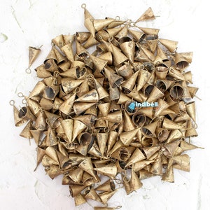 120 Rustic Small Tin Cone Cow Bells of 1.75&quot; Vintage Style Bronze Gold Rustic Iron Triangular Bells for Craft Projects Wind Chimes Making