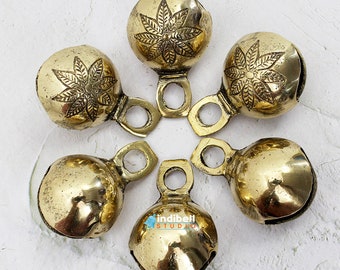 6 Large brass jingle sleigh bells, traditional Indian flower engraved Ghungroo bells
