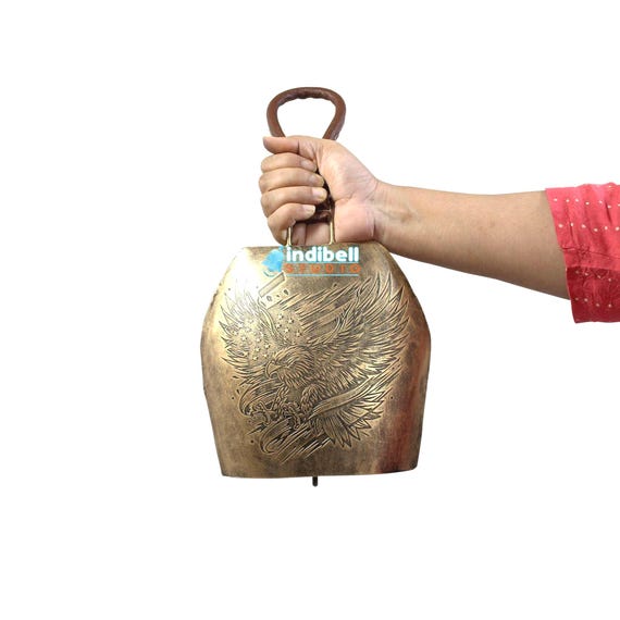 Large USA Decorative Bell Leather Strap, Vintage Gold Front Porch Decor Wall Hanging Bell, Oversize Jumbo American Memento Cow Bells