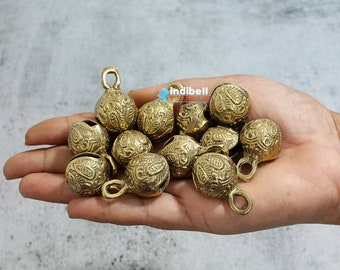 15 Leaf Golden Solid Brass Jingle Bells, Indian metal Gypsy Bells, Christmas Decor 1.25 inch Ethnic Textured Brass Bell