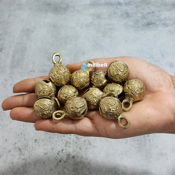 15 Leaf Golden Solid Brass Jingle Bells, Indian metal Gypsy Bells, Christmas Decor 1.25 inch Ethnic Textured Brass Bell