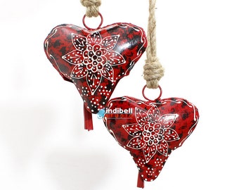 Pair Red Puffy hand painted Heart cow bells wreath making supply or Door Decoration Embellishment valentine bells on Jute Hemp Rope