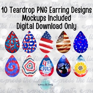 Patriotic Teardrop Earring Design Bundle w MOCKUPS, Sublimation Design for July 4th Memorial Day, Earring Template, PNG, Digital Download