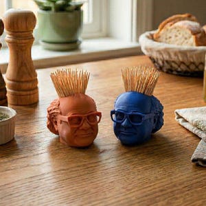 May include: Two novelty toothpick holders, one orange and one blue, each shaped like a head wearing glasses and filled with toothpicks. They sit on a wooden table, with a window and bread in the background.
