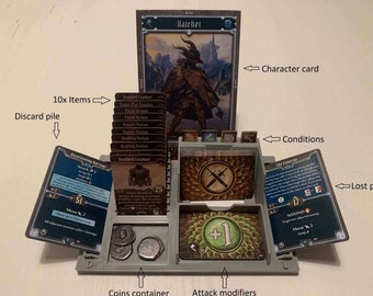 May include: A gray plastic game organizer with compartments for cards, coins, and tokens. The organizer holds character cards, item cards, and attack modifiers. The image shows a game in progress with various cards and tokens.