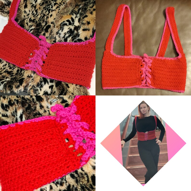 K&ouml;nnte beinhalten: Ein rotes H&auml;keltop mit rosa Besatz und Schn&uuml;rung. Das Top hat einen runden Ausschnitt und verstellbare Tr&auml;ger. Das Top wird auf einer Puppe und an einer Person gezeigt, die es tr&auml;gt.