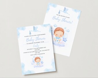 Blue Baby Shower Invitation Editable Template, Watercolour Stork Baby Shower Invitation, Blue Baby Shower