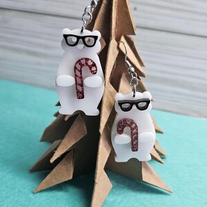 Polar Bear Earrings, Christmas Earrings, Polar Bear Earrings, Candy Cane, Christmas, Polar Bear With Glasses