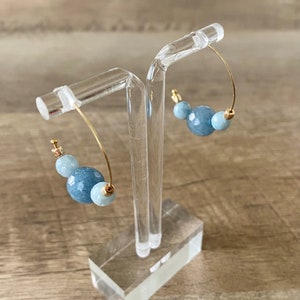 Beaded Denim Blue Earrings on Gold Hoops