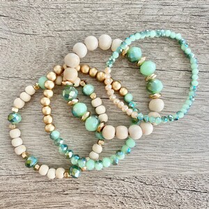 The Mint Condition Bracelet Stack, Stretchy Stackable Bracelets with Wooden and Crystal Beads