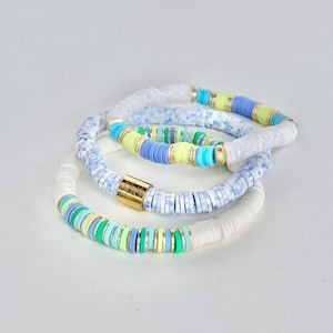 The Island Bracelet Stack, Stretchy Stackable Bracelets with Heishi Beads and Gold Accents