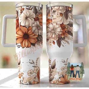 Orange Boho Tumbler, Floral Bogo Tumbler, Tumbler, 40oz Tumbler, Tumbler With Handle