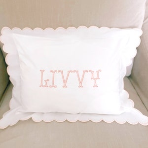 Personalized baby pillowcase | Pink scallop | Monogram pillow | Nursery decor | Custom | Classic | Vintage | Heirloom | Embroidered sham |