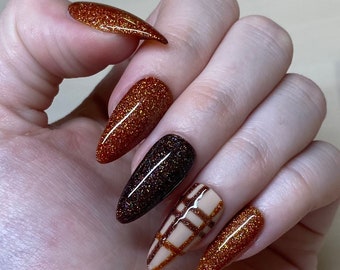à carreaux d'automne | à presser en gel professionnels réutilisables | colle sur les ongles | Appuyez sur les ongles | Faux ongles