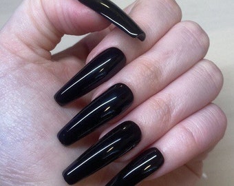 Black | Reusable Professional Gel Press Ons | Press On Nails | Glue On Nails | Fake Nails