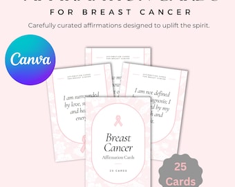 Puede incluir: Un juego de 25 tarjetas de afirmación diseñadas para pacientes con cáncer de mama. Las tarjetas presentan cintas rosadas y mensajes inspiradores. El texto en las tarjetas dice "Estoy rodeada de amor, fuerza y energía curativa" y "No estoy definida por mi diagnóstico; soy amada por mi fuerza y espíritu."
