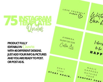 Lime Green & Black Post Templates, Instagram Story Templates, Editable Canva Template, Engaging Social Media Feeds, Quotes, Download