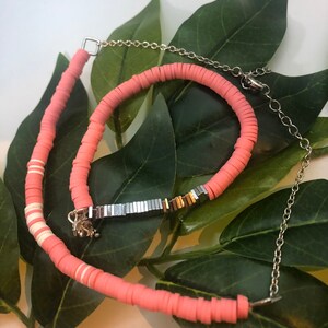 Heishi Set of Boho Beachy Peach Choker and Bracelet