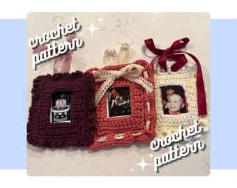 May include: Three handmade crochet picture frames in burgundy, coral, and cream. Each frame holds a small photo and is adorned with decorative ribbons and lace. The words "crochet pattern" are written in a script font.