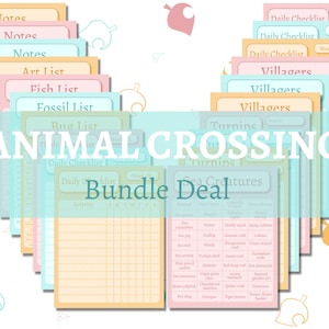 Könnte beinhalten: Ein druckbares Animal Crossing Bundle-Angebot mit Checklisten für Insekten, Fische, Fossilien, Dorfbewohner, Rüben und Meeresbewohner. Die Checklisten sind in Pastellfarben mit einem hellblauen, hellrosa und hellgelben Hintergrund. Der Text "Animal Crossing Bundle Deal" ist in einer großen, fetten Schrift.