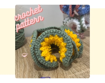 Easy crochet sunflower scrunchie pattern, pdf crochet patterns, crochet hair tie flowers, spring hair band, summer crochet hair accessories
