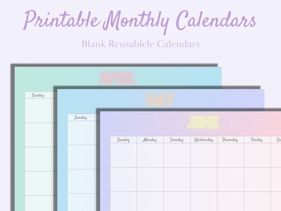 Colorful Printable Monthly Calendars Blank & Reusable - Etsy