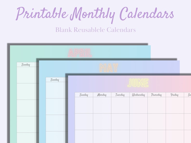 Colorful Printable Monthly Calendars Blank & Reusable - Etsy