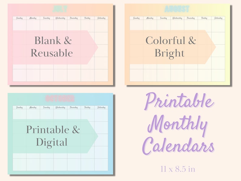 Colorful Printable Monthly Calendars Blank & Reusable - Etsy
