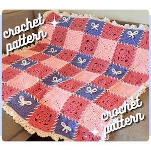 May include: A handmade crochet blanket with a patchwork design in pink, lilac, and white. The squares are joined with white stitching and decorated with small bow accents. The blanket has a white, scalloped edge. The words "crochet pattern" are written on the image.