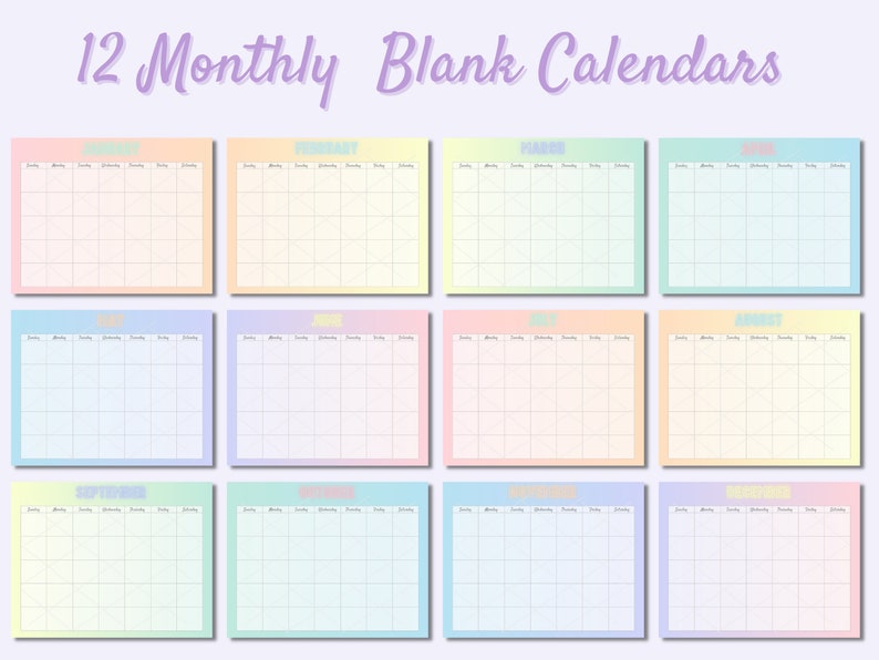 Colorful Printable Monthly Calendars Blank & Reusable - Etsy