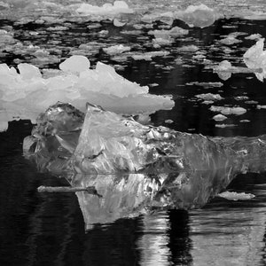 Black and white iceberg reflections, abstract iceberg photo, black and white photo of iceberg bits