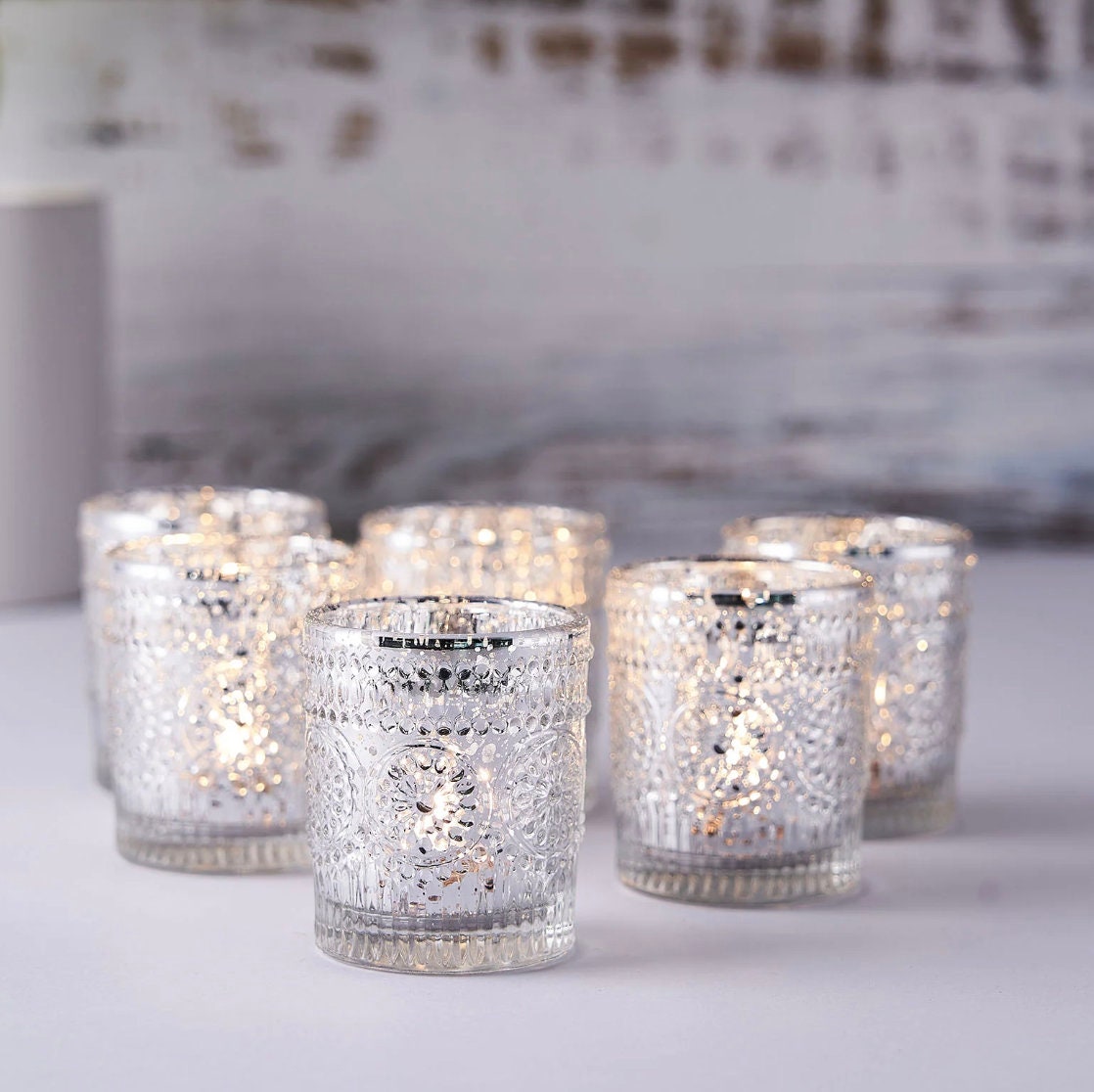 24 Silver Mercury Glass Votive Candle Holders Speckled Glass Etsy