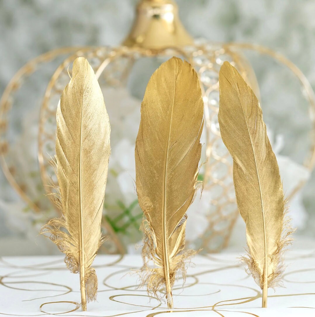 SET 30 Gold Feathers Natural Goose Bird Accents Boho Wedding Place