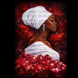 以下が含まれることがあります： 白いターバンと白いドレープの衣装を着た女性の芸術的な肖像画。宝石のイヤリングが飾られています。背景は赤と黒の星のデザインで、下部に赤い宝石のクラスターがあります。