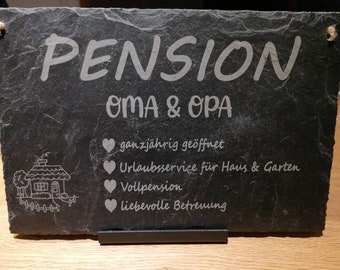 Pension Oma&Opa Schieferplatte 30x20cm mit Juteband Wetterfeste Lasergravur