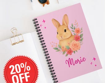 Floral Bunny Spiral Notebook - Personalized Name Kids Journal, Custom Rabbit Gift, Writing Diary For Girls, Cute Bunny School Notebook -