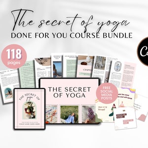 Könnte beinhalten: Ein digitales Kurspaket mit dem Titel "Das Geheimnis des Yoga" mit 118 Seiten Inhalt. Das Paket beinhaltet ein digitales Arbeitsbuch, Social-Media-Posts und einen Tablet-Bildschirm, auf dem der Kurstitel angezeigt wird. Der Kurs soll Menschen helfen, mehr über Yoga zu lernen.
