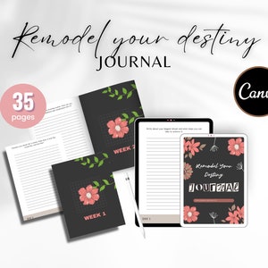 May include: A digital journal cover with a black background and pink floral illustrations. The text "Remodel Your Destiny JOURNAL" is displayed in a white, bold font. The journal has 35 pages.