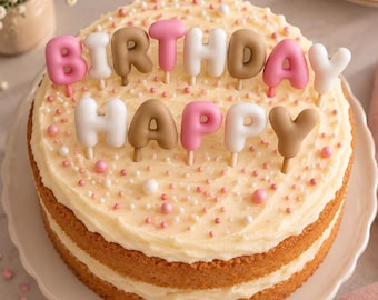 Reusable Happy Birthday Cake Topper – Pink, Blue, Beige (13 Letters)