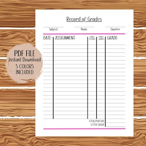 Printable Record Of Grades Teacher Printable Grade Book Printable Homeschool Record of Grades Form Grading Printable PDF Download