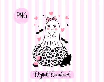 Cute Ghost Girl PNG, Leopard Pumpkin, Halloween Design (Digital Download)