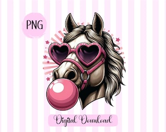 Funny Horse Blowing Bubble Gum PNG: 70s Vibe, Coquette Design (Digital Download)